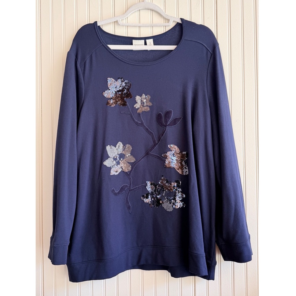 Chico's Zenergy Navy Blue Floral Sequin Sweatshirt Size‎ 3 XL